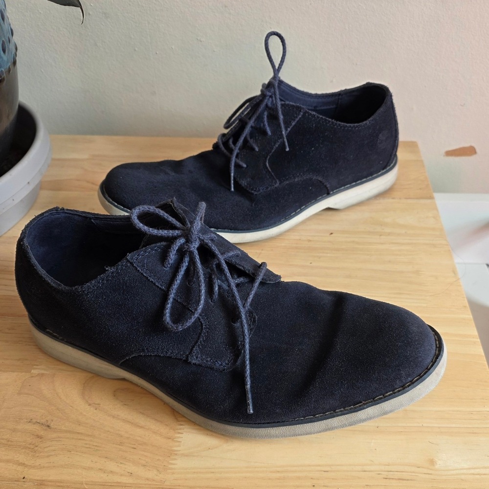 Timberland Mens 9.5 Oxford Shoes Navy Blue Suede Lace Up Wedge Sole 9021B